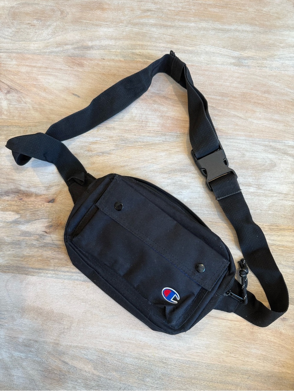 Champion Black Waist Pack with Red & Blue Logo